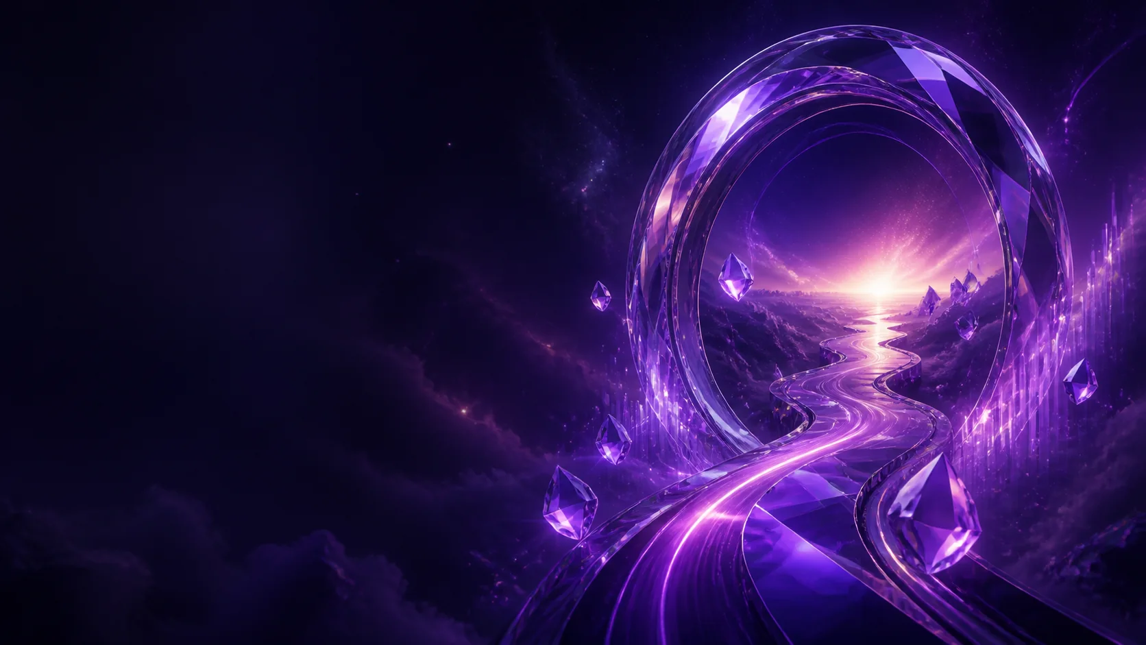 Luminous purple portal opening toward a bright horizon