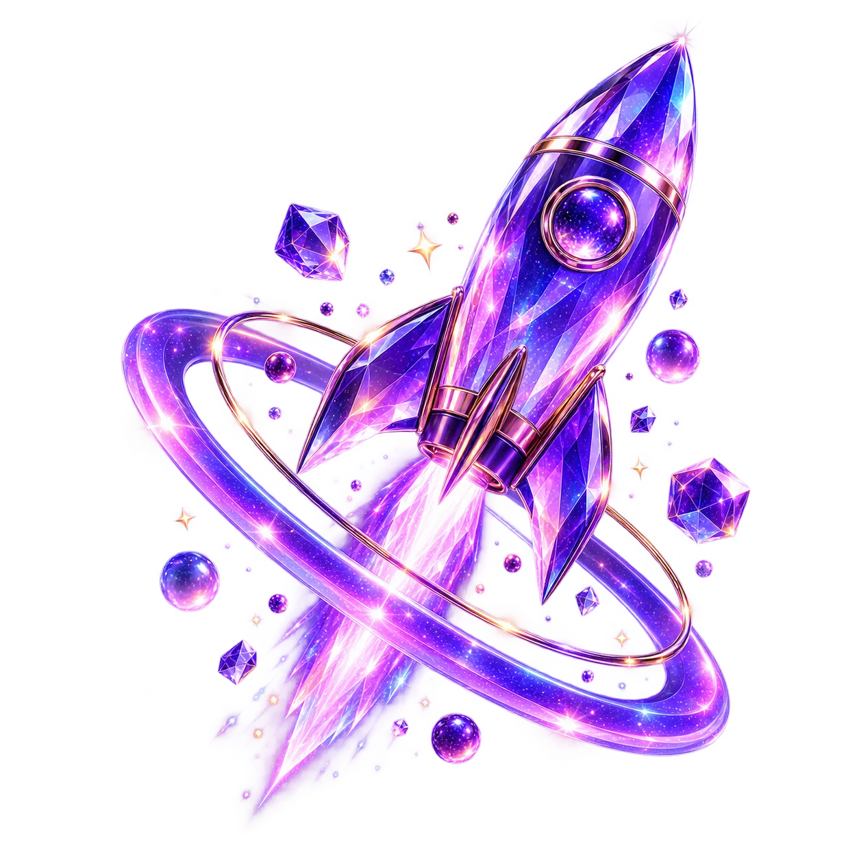 Crystal purple rocket launching through glowing rings